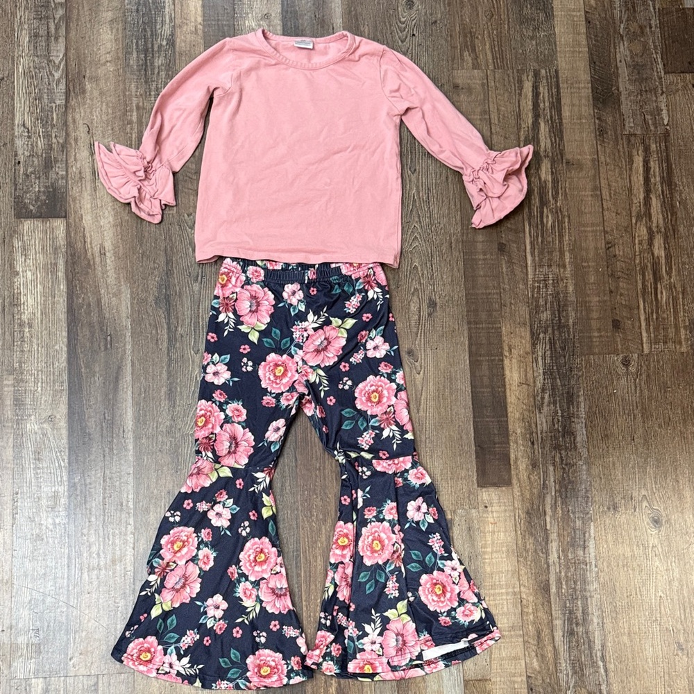 Girls Pink Ruffle Sleeve Top with Navy Floral Bell Bottoms